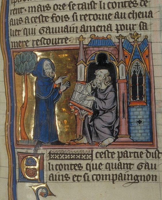 Fig. 1: Merlin as an old man telling his stories to Blaise the chronicler, who sits writing, BNF Fr. 95 f. 223.